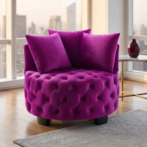 AOPNOMU Upholstered Tufted Accent Barrel Chair with 3 Pillows Contemporary Round Lounge Club Sofa Chair Leisure Armchair for Living Room Hotel Bedroom Violet Velvet