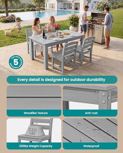 Image of SERWALL 59 inch Armless Outdoor Dining Set for 4, Light Gray | Include 1 Rectangular Dining Table and 4 Armless Chairs, All Weather Dining Sets for Garden, Backyard