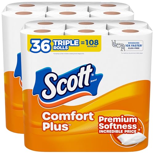 Scott ComfortPlus Toilet Paper, 36 Triple Rolls, 231 Sheets per Roll, Septic-Safe, 1-Ply Toilet Tissue (Packaging May Vary)