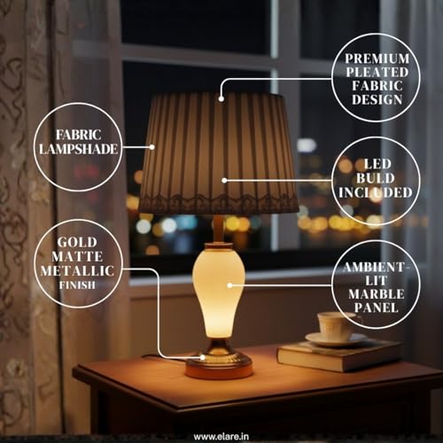 Image of ELARE Classic Brass Finish Table Lamp with Silver-Grey Pleated Fabric Shade & Decorative Trim | Luxury Bedside Night Lamp for Bedroom & Living Room | Modern Decorative Table Light for Home Decor