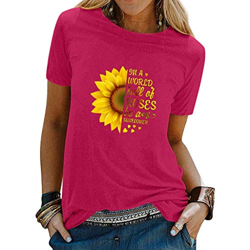 Kangma Sunflower Comfy T-Shirt Round Neck Short Sleeve Graphic Tees Shirt Blouse Tops for Women (16,Rose Red)