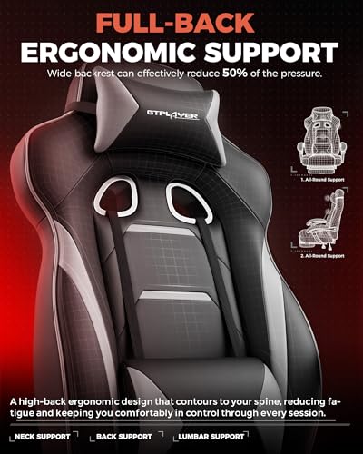 GTPLAYER Gaming Chair for Adults, Big and Tall 350LBS Heavy Duty Office Chair, Ergonomic High Back Lumbar Support and Recliner for Back Pain Relief, Sky Gray - Image 6