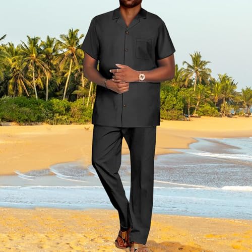 SEA&ALP African Solid Walking Suits for Men 2 Piece Shirt Pants Set Beach Loose Linen Dashiki Outfits Casual Tracksuit2
