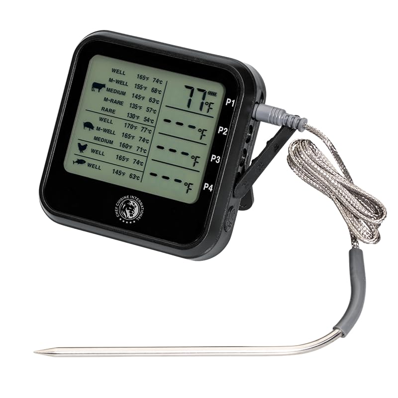 Chef Cuisine Grillthermometer mit 4 Temperaturfühlern – digitales Fleischthermometer Grill mit Kabel und 4 Edelstahl-Sonden, LED-Display, Messbereich -20°C bis +300°C, Timer, 81 cm Kabellänge