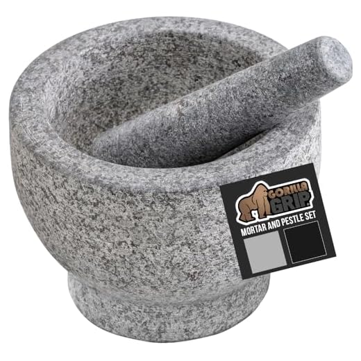 Gorilla Grip Original Mortar and Pestle, 7 Inch, Holds 4 Cups, Slip Resistant Bottom, Large Heavy Duty Unpolished Granite, Guacamole Molcajete Bowl, Kitchen Spices, Herbs, Pesto Grinder, Large Size