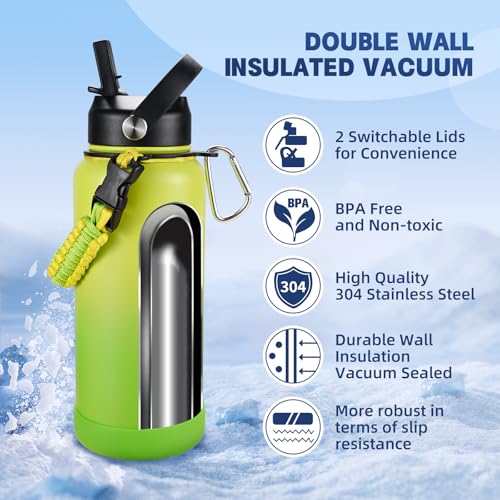 Image of Insulated Water Bottle, 32 oz Stainless Steel Wide Mouth Water Bottles with 2 Leak Proof Lid and Paracord Handle, Double Wall Vacuum Insulated Sports Water Bottle, Gradient Green