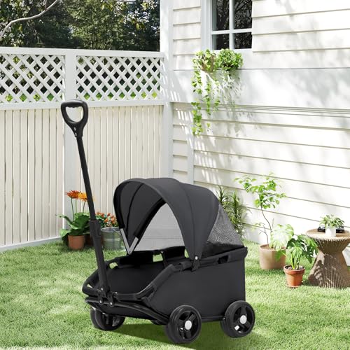 Klappbarer Mini-Hundewagen für Mini-Haustiere,Multifunktionaler Klappbarer Tierwagen mit Sonnenschutz Teleskopgriff,Doggie Wagon mit 4er 360°Drehrädern Inkl,für kleine Hunde Katzen bis 10kg(Schwarz)