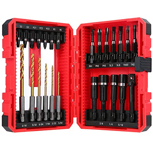 Meterk 25 Pcs Screwdriver Drill Bit Set: 6 Titanium Drill Bits, 14 Screwdriver Bits (PH, SL, TH, S, PZ, H), 3 Impact Sockets (3/8