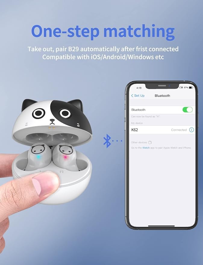 Jinpei Wireless Earbuds, Wireless Earphones with Microphone, Cartoon Earset with Charging case for iPhone Android - 32H Playtime,Waterproof,HiFi Stereo in Ear Headphone for Kids Adult JE-12B_K72