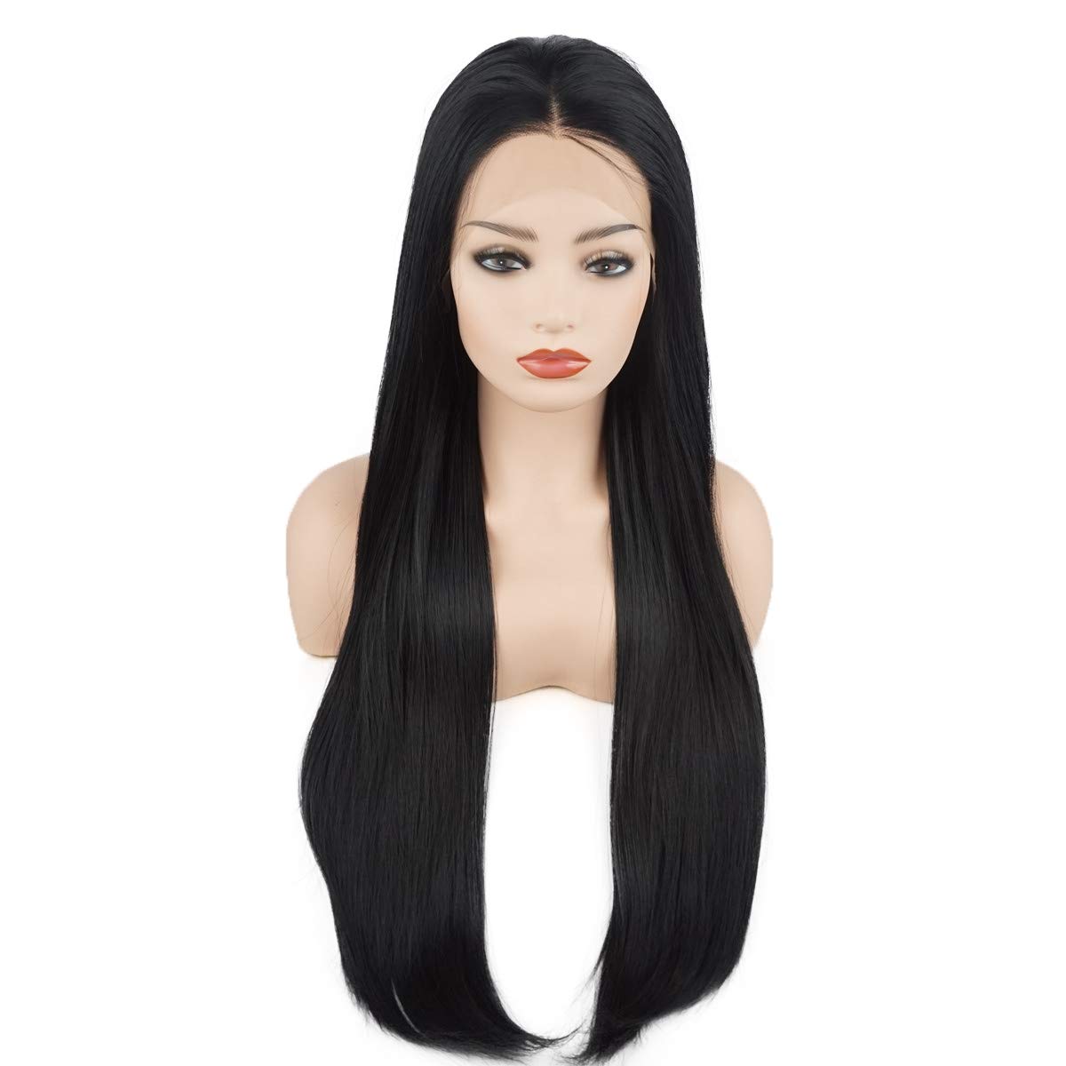 Hair Straight Super Long 28inch Black Heavy Density Realistic Synthetic Lace Front Wigs