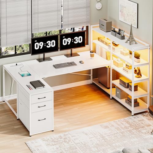 SEDETA L Shaped Office Desk with Drawers, 64.5" Reversible Computer Desk with Storage Shelves and Power Outlet, Corner Gaming Desk with LED Strip for