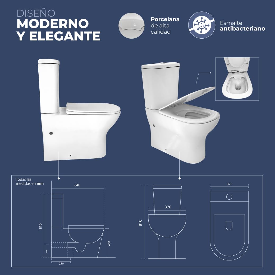 Inodoro Blanco, Wc Inodoro COMPLETO, Retrete para Hogar, Sistema RIMLESS ANTIBACTERIA, Tapa Dura Extrafina AMORTIGUADA, Salida Dual