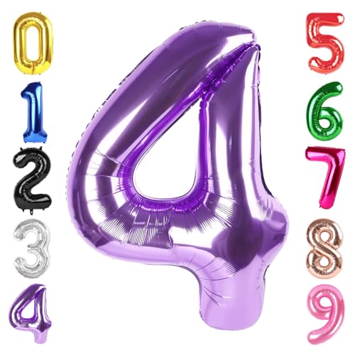 Image of 40 Inch Purple Number 4 Balloon Birthday Party Decorations for Men & Women | 40 Inch Purple inflatable foil number balloons, large birthday decorations for 4th birthday