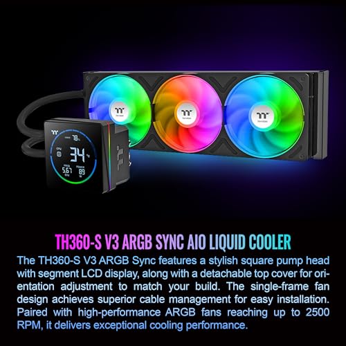 Image of Thermaltake TH360-S V3 ARGB CPU Liquid Cooler; Intel /AMD; 1x360mm 500~2500rpm Single Frame ARGB Fan; 3.95 inch Segment Code LCD; Rotatable Pump Head; TT Segment LCD Software; Black; CL-W470-PL12SW-A