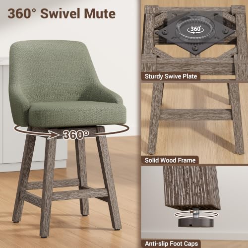 Image of YaFiti Swivel Counter Height Bar Stools Set of 2, 24 inch Modern Chenille Fabric Barstools with Back, Widen Upholstered Seat, Hardened Wood Legs for Kitchen Counter, Island, Dining Room, Sage Green