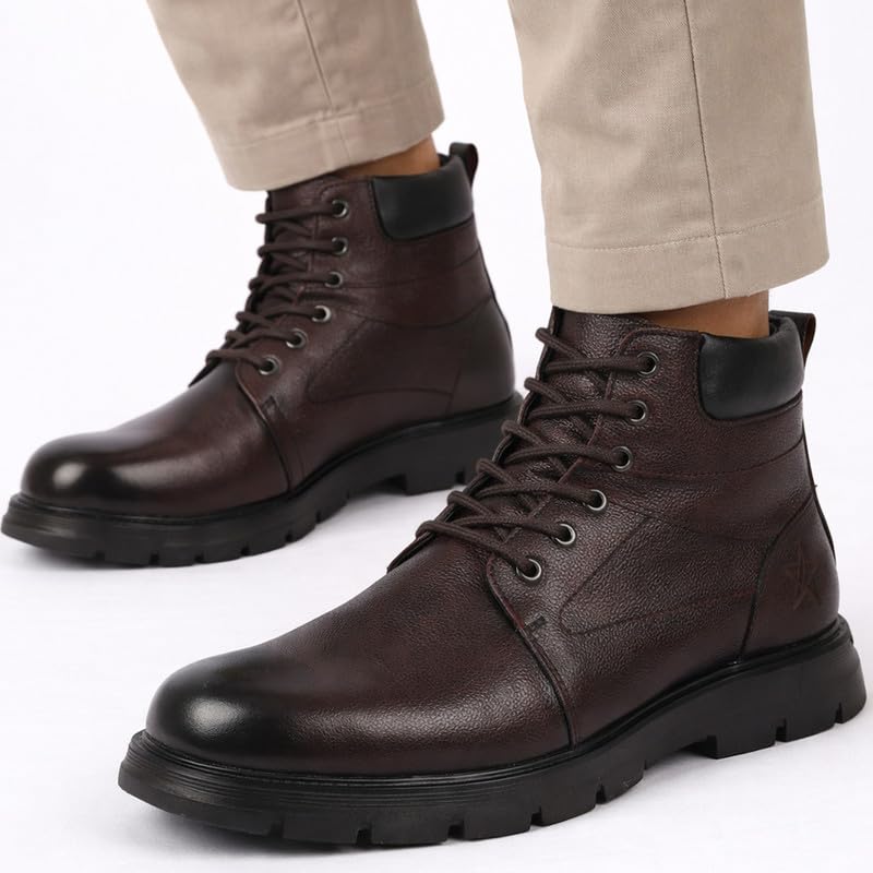 Image of FAUSTO Men Genuine Leather Lace Up Ankle Boots | High Ankle Shoes | Featherlite Memory Cushion Boots | Casual and Work Wear