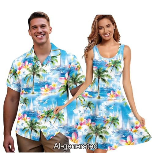 Image of Dreaweet Summer Dresses for Women A-Line Sleeveless Flowy Sun Dresses,Men's Casual Button-Down Shirts,Couple Matching Outfits