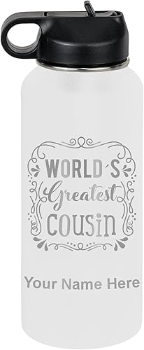 Miniatura 33 de LaserGram Botella de agua con tapa abatible de doble pared de 32 onzas con pajilla, el primo más grande del mundo, grabado personalizado incluido
