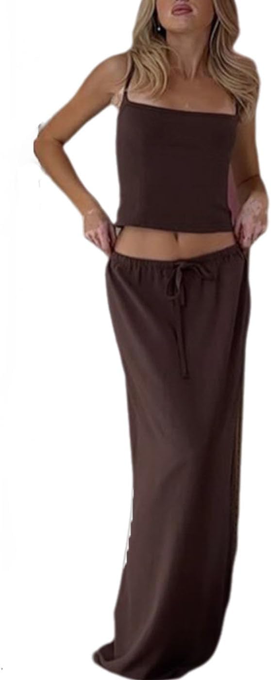 Wuitrie Maxi Skirt Set Women 2 Piece Outfits Sleeveless Spaghetti Strap Top Drawstring Maxi Skirt Two Piece Skirt Set