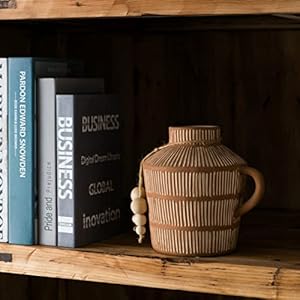 Rustic Farmhouse Vase with Handle and Boho Wooden Beads, Vertical Stripes Terracotta Vase Clay Vase - Ceramic Flower Vase for Vintage Home Décor, Shelf, Table, Bookshelf, Mantle, Entryway Rustic Farmhouse Vase with Handle and Boho Wooden Beads Vertical Stripes Terracotta Vase Clay Vase Ceramic Flower Vase for Vintage Home Decor Shelf Table Bookshelf Mantle Entryway