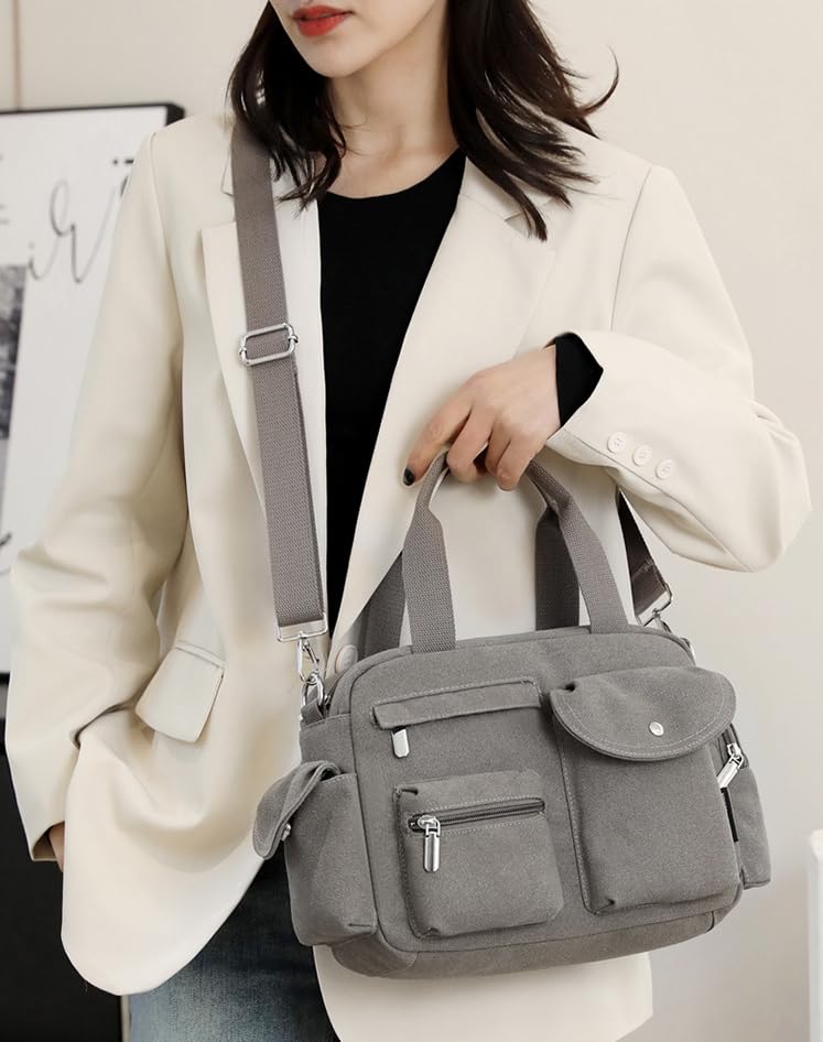 Image of Canvas Tote Bag for Women with Multiple Pockets Handbag Large Crossbody Bag Everything Everyday Bag for Work Daily