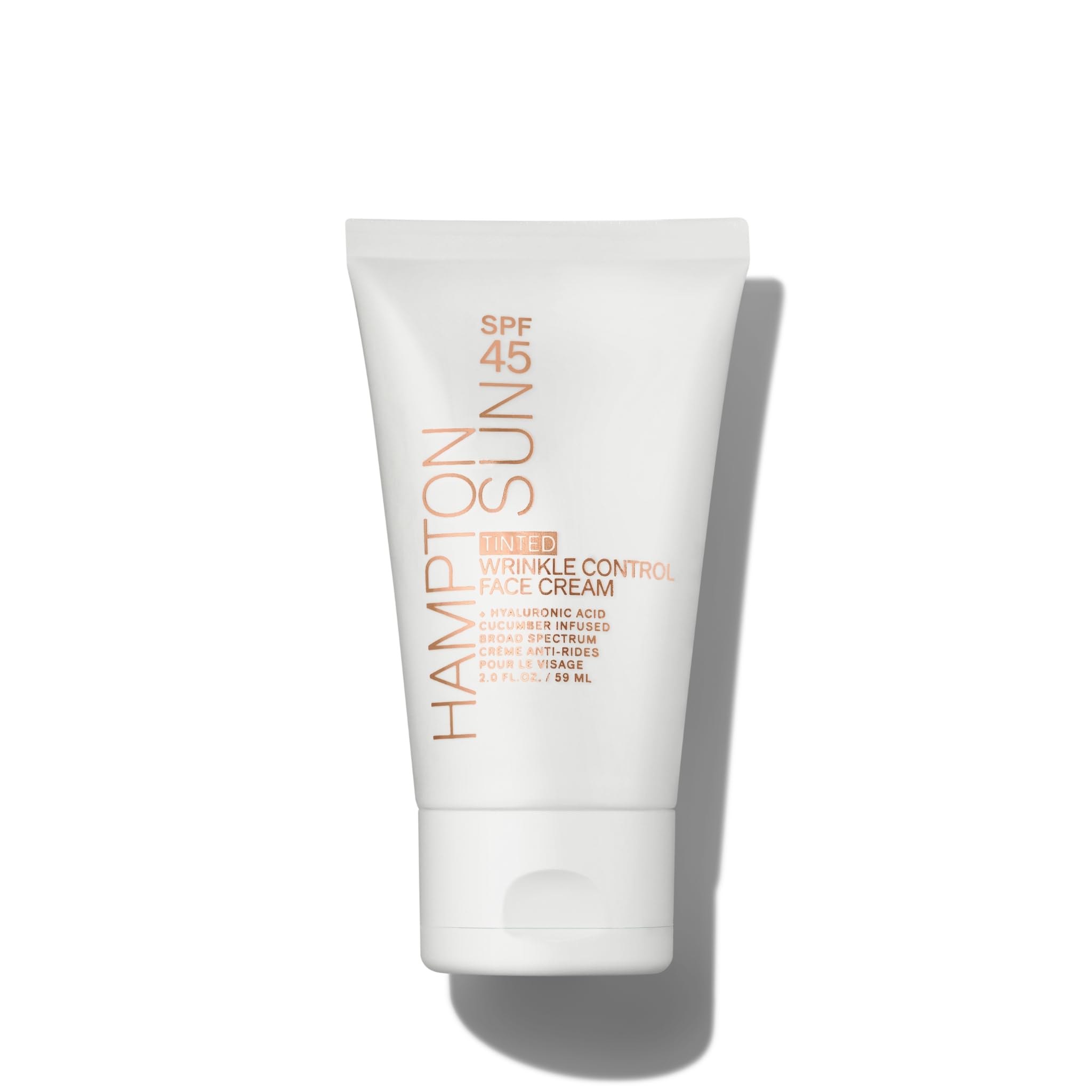 Hampton Sun SPF 45 Tinted Wrinkle Control Face Cream. Daily Moisturizer + Sunscreen. Light, Blendable Coverage. Dewy, Glowy Finish. Hyaluronic Acid + Organic Cucumber Extract Plumps + Brightens