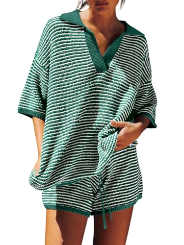 Image of Tankaneo Womens Sweater Set 2 Piece Outfits Oversized 3 /4 Sleeve V Neck Knit Tops High Waisted Shorts Lounge Sets