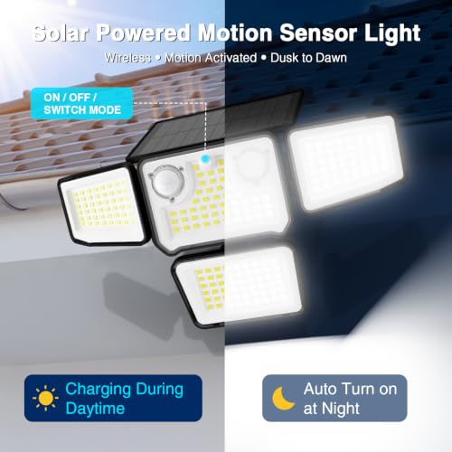 SZPOWER 4500LM Solar Lights Outdoor Waterproof, 254 LED Solar Flood Lights Outdoor with 2 Motion Sensor, 4 Heads Security Light for Yard Outside House Garage 2 Pack - image 4