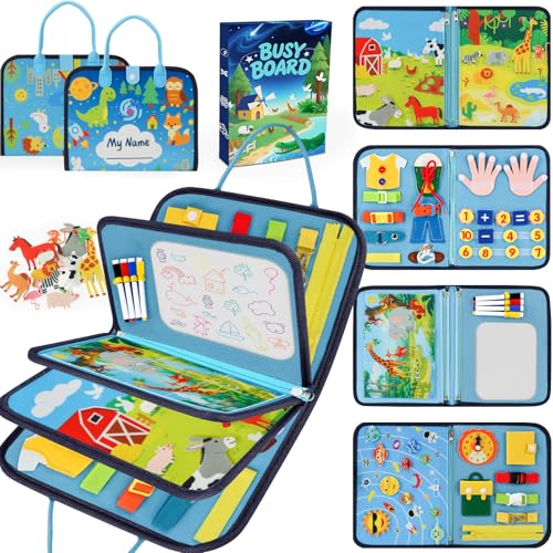 BuzzoXerex Busy Board, Livre Montessori, Quiet Book pour Voiture et Voyage en Avion, Livre Sensoriel Bebe 1 2 3 4 5 Ans Cadeaux de Noël et d'anniversaire pour Garçons et Filles