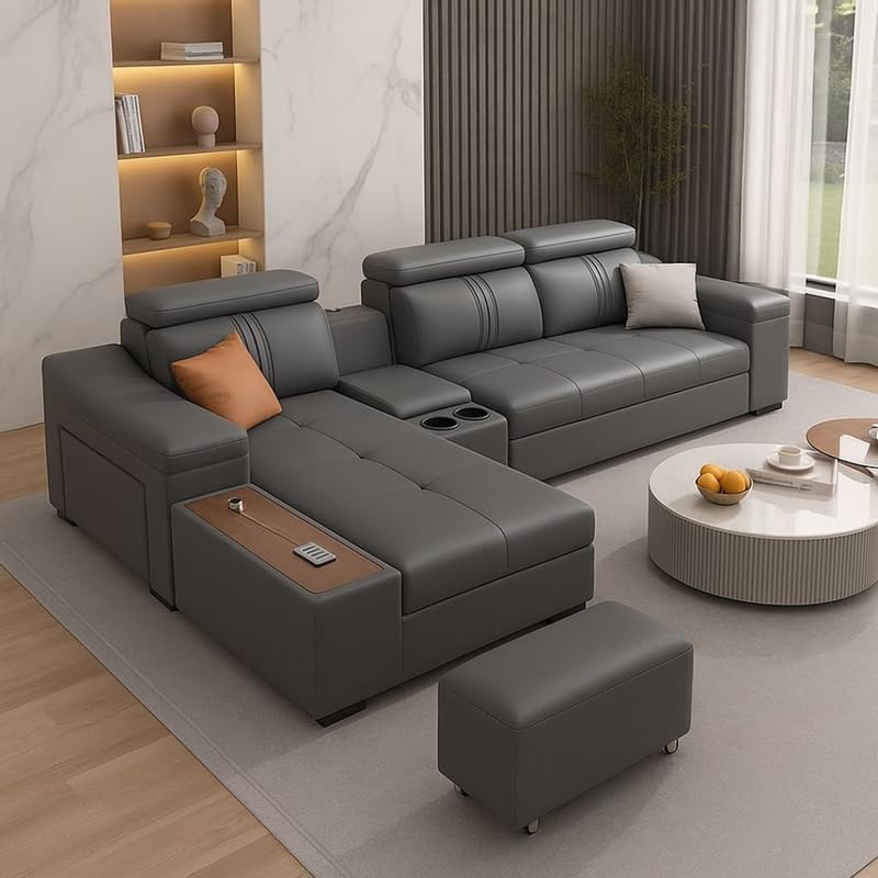 Image of Homax. Nimra Smart L-Shape 6-Seater Sectional Sofa Set with Console, Cup Holders, Charging Station & 2 Ottomans - Premium Leatherette Finish - Grey Color Orientation RHS