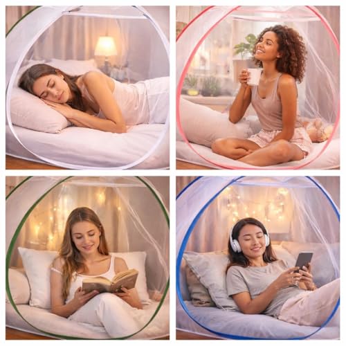 Image of Double Bed Mosquito Net /Machhardani 6.5 x 6.5 Feet with Foldable Steel Frame | Polyester Adults Mosquito Net for Family Sleeping | High Durability, Foldable, Tent Shape Mosquito Net