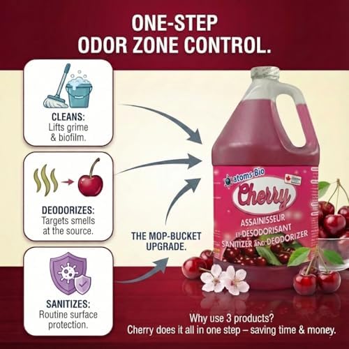 atoms-Bio CHERRY 3-in-1 Odor Eliminator & Sanitizer Concentrate β Industrial Cleaner & Deodorizer for Floors, Carpets, Bathrooms, Drains, Garbage, Pet Odors - CFIA Accepted - 3.78β―L -Made in Canada - 1