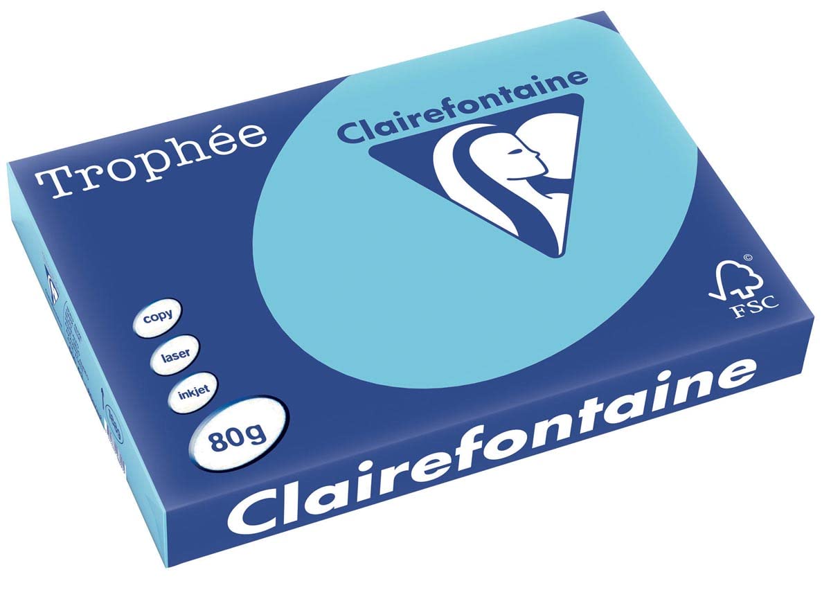Clairefontaine 1889C – Ries papier do drukarek/kserokopiarki Trophee, intensywne kolory, DIN A3, 80 g, 500 arkuszy, niebieski Alize, 1 ryza
