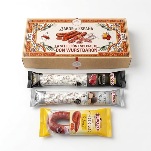 Wurstbaron Spanisches Wurst-Geschenkset | Fuet Original + Fuet Trüffel + Chorizo | Gourmet Feinkost aus Spanien | Geschenkbox für Fleischliebhaber