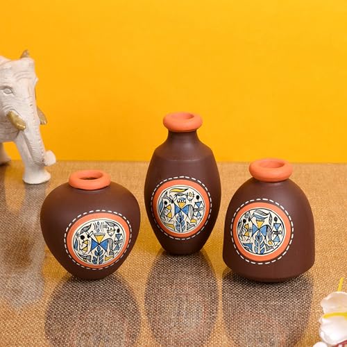 Image of Aakriti Art Creations Earthen Miniatures Terracotta Vases Set of 3 | Handmade Brown Warli Art Flower Vases Matte Finish Decorative Vases for Home Decor & Gifting