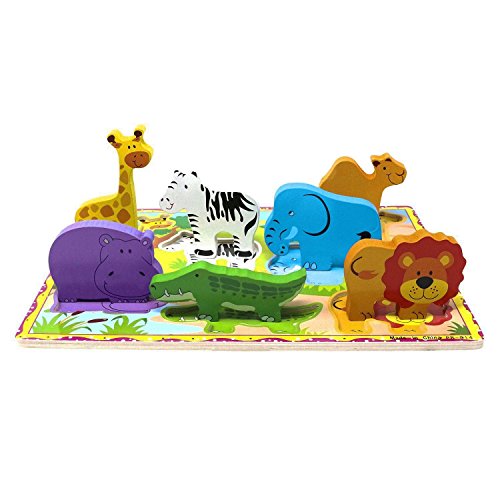 Lewo Wooden Wild Animals Chunky Puzzle For Toddlers Preschool Learning Educational Toys 7 Pcs (Wild Animal) #TOP2