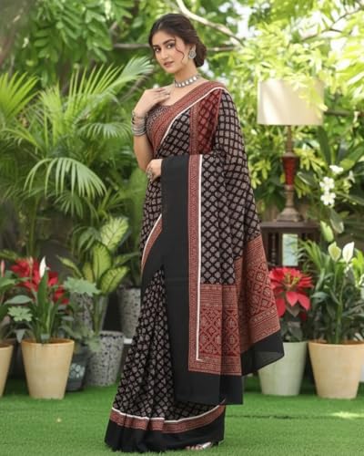 Image of Jack & Jini Women's Floral Print Pure Georgette Saree with Blouse Piece | Soft Casual & Festive Drape | Gift for Mother, Wife.