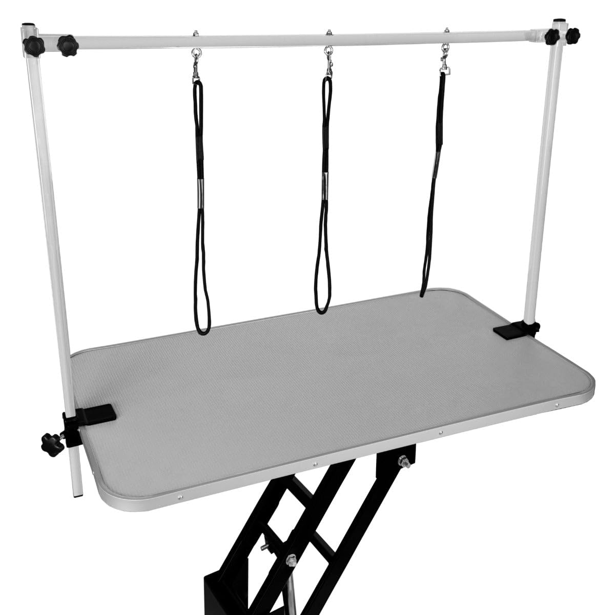 Mesa de Aseo Hidráulica Altura Ajustable Capacidad de 180kg Amplia Superficie de Goma 106cm x 61cm Resistente Estructura de Acero 4 Patas Estables Adaptables 3 Lazos para Sujeción [Negro & Gris]