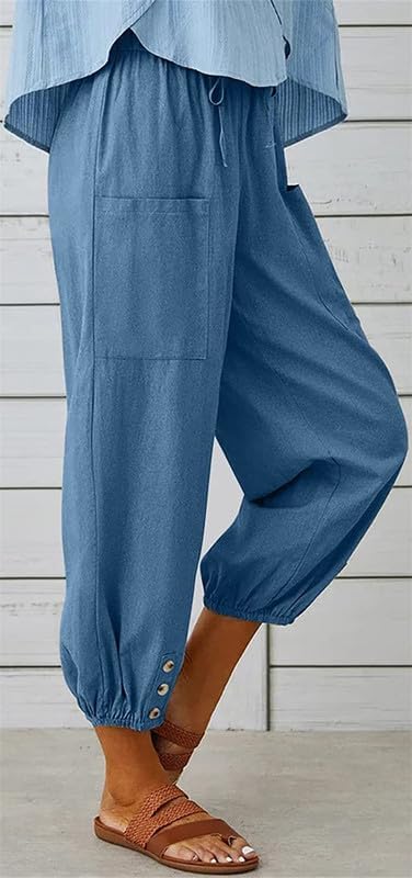 Womens Capri Pants Cotton Linen Cropped Trousers Summer Wide Leg Drawstring High Waist Palazzo Pants with Pockets - Image 3