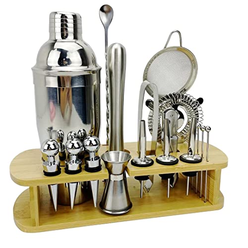 Cocktail Shaker Set Bartender Kit Bartending Tools Bar Set Stainless Steel Mixology Drink Mixer Barware Accessories With Bamboo Stand Muddler Jigger Spoon Lemon Squeez Pourers - 24 Pieces #TOP2