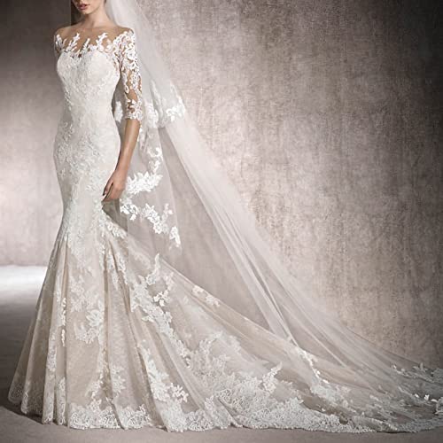 Ryanbem Vestido de Novia para Boda Civil Blanco Largo Fuera del Hombro Envuelto en Caderas Elegante Tul Encaje Apliques Talla Grande Vestidos de Novia con Cola White Plus 50 Cover