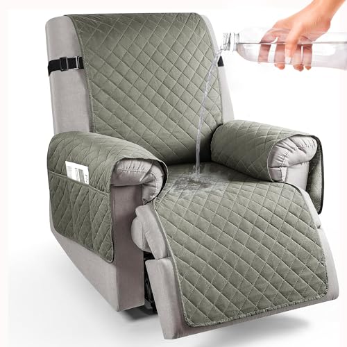 Image of HOKIPO 100% Waterproof Quilted Recliner Cover for 1 Seater with Side Pockets, Light Grey (AR-4971-LGRY)