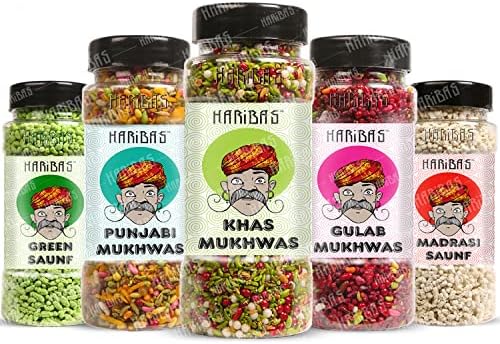 HARIBAS Mukhwas Mouth Freshener PACK OF 5 with sauf mouth freshener, Green Saunf 180G, Punjabi 200GM, Khas Chandan 180G, Gulab 200 Gram and Madrasi white saunf 150G Bottle