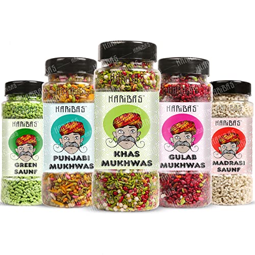 Image of HARIBAS Mukhwas Mouth Freshener PACK OF 5 with sauf mouth freshener, Green Saunf 180G, Punjabi 200GM, Khas Chandan 180G, Gulab 200 Gram and Madrasi white saunf 150G Bottle