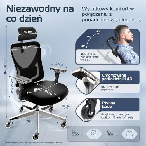 CLOUVOU CleverSeat Ergonomiczne krzesło biurowe [NR 1 W RANKINGU] Regulowane krzesła biurowe - fotele ergonomiczne | Siatkowy fotel biurowy z podparciem | Fotel ergonomiczny do gier do 150 kg