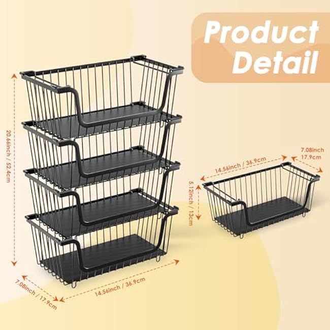 Stackable Wire Baskets 8-Pack (4 Black & 4 White) | Pantry Organizer & Kitchen Storage Bin for Fruits, Vegetables, Potato, Onion, Cans, Snacks