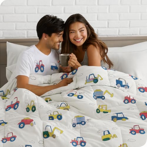 Image of Anjali Overseas 200 GSM 400 TC Kids Glace Cotton Reversible Cartoon Printed Double Bed King Size Comforter with Matching Bedsheet 90 * 100 with 2 Pillow Covers Set of 4 Pieces. Truck