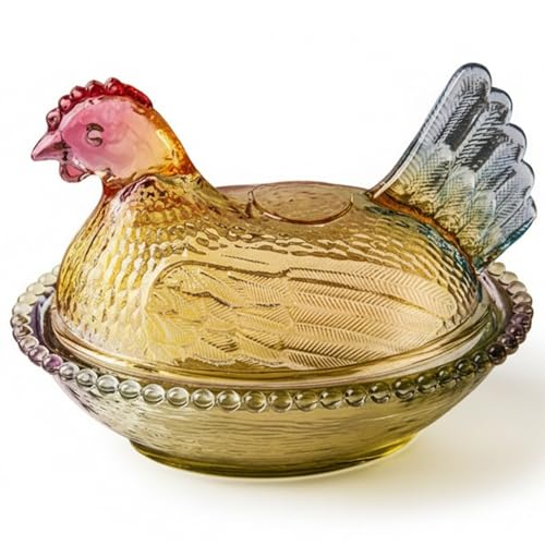 Gallina en nido de cristal de colores: bombonera y plato para aperitivos de mesa 2