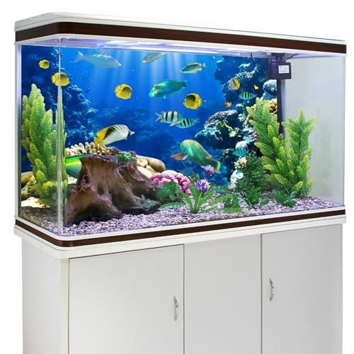 Image of YongFoto Ocean Theme Fish Tank Background 48x20 inch Coral Seaweed Reef Rock Seafloor Tropical Fish Underwater Sea World Polyester Backdrop Reptile Habitat Terrarium Aquarium Background