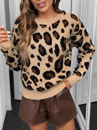 WDIRARA Women's Leopard Print Long Sleeve Pullover Sweaters Crewneck Drop Shoulder Knit Tops3